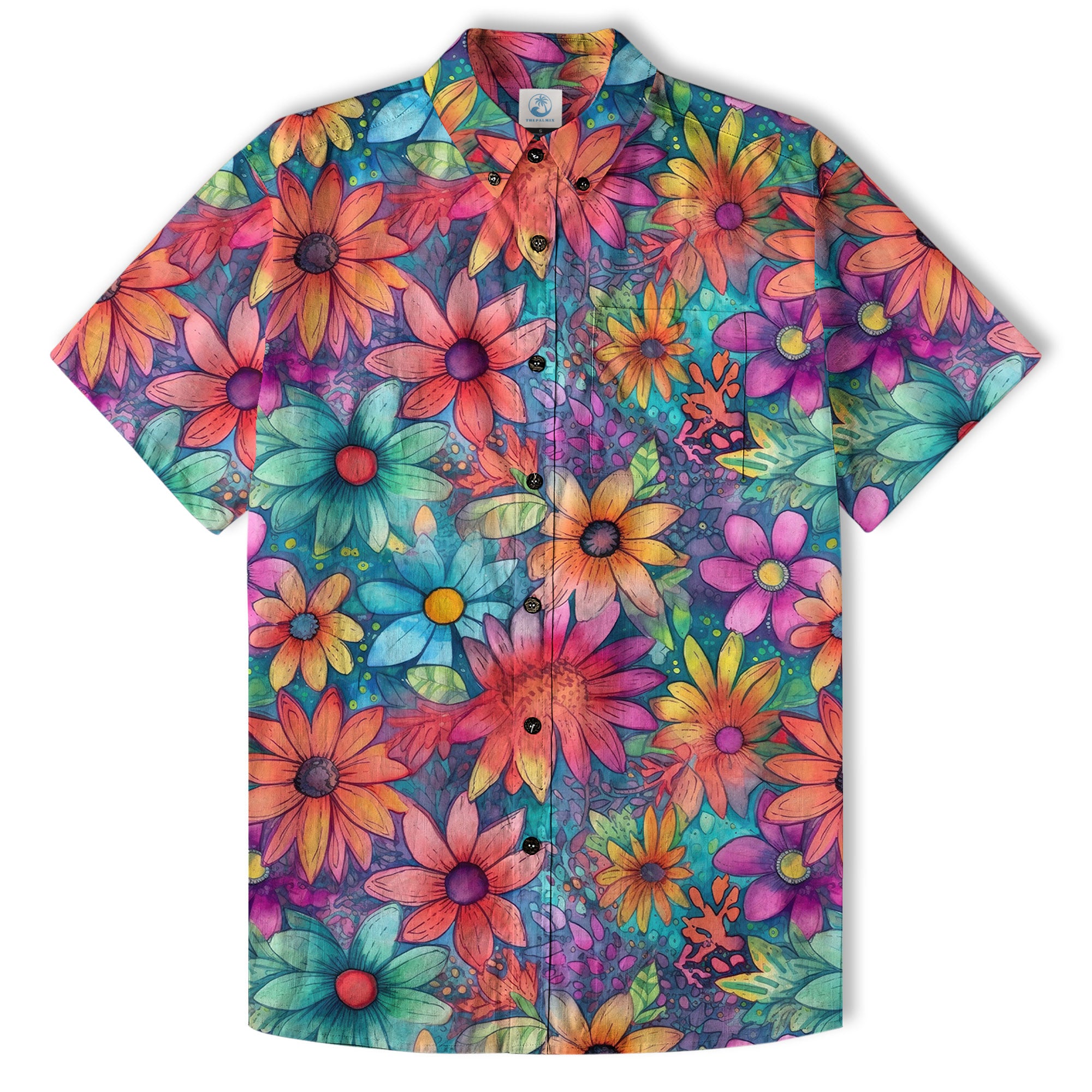 Colorful Hippie Flowers Patterns Hawaii Shirt, Groovy Floral Pattern Hawaiian Shirt for Men Women - The Palmix