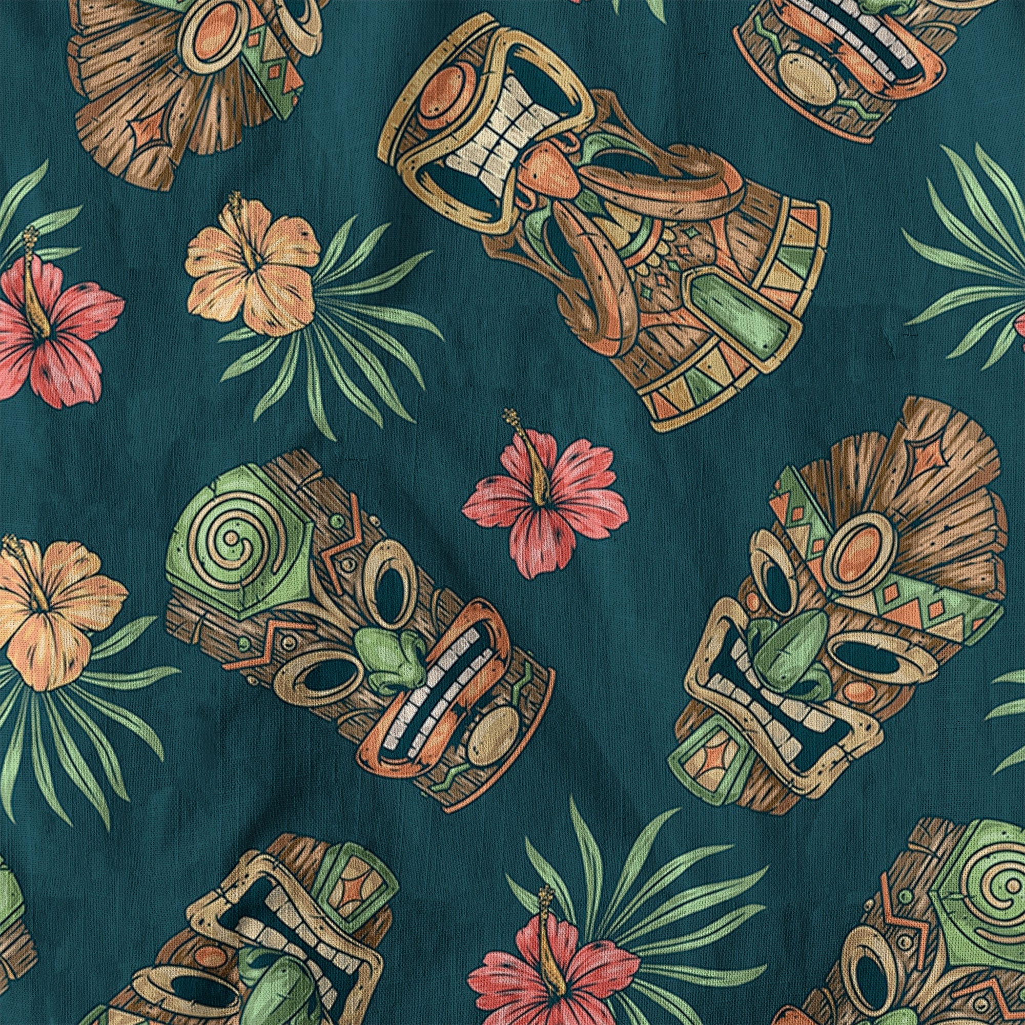 Tiki Mask Pattern Hawaiian Shirt, Hibiscus Hawaii Shirt - The Palmix