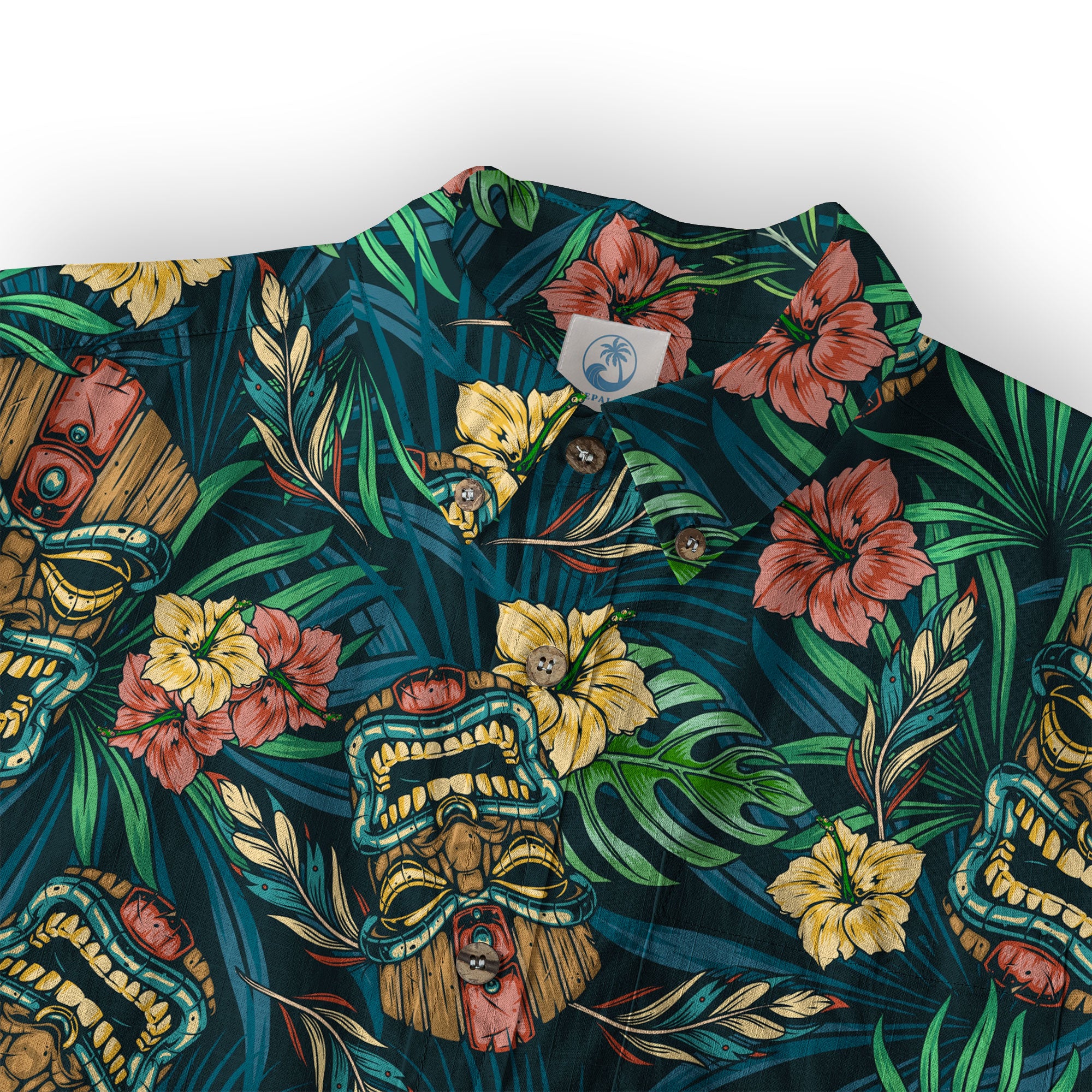 Tropical Tiki Mask Hawaiian Shirts, Flamingo Hawaii Button Down Shirt - The Palmix