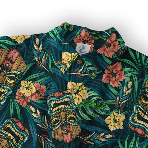 Tropical Tiki Mask Hawaiian Shirts, Flamingo Hawaii Button Down Shirt - The Palmix
