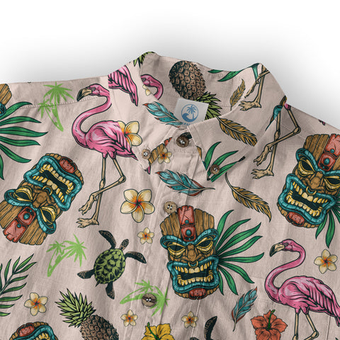 Tropical Tiki Mask Hawaiian Shirts, Flamingo Hawaii Button Down Shirt - The Palmix