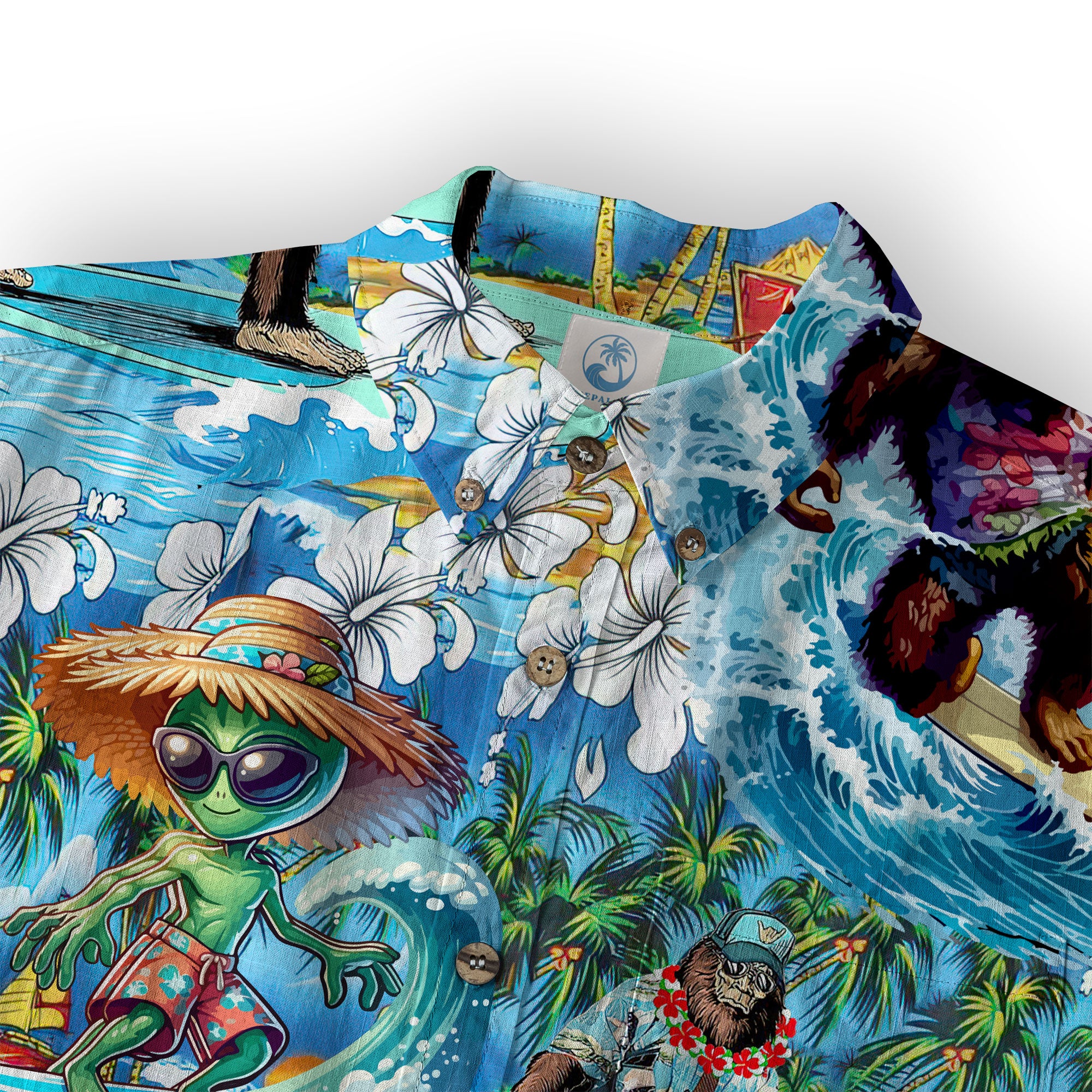 Tropical Bigfoot Alien Hawaiian Shirts for Men Women, Bigfoot Sasquatch Summer Beach Aloha Button Down Shirt - The Palmix