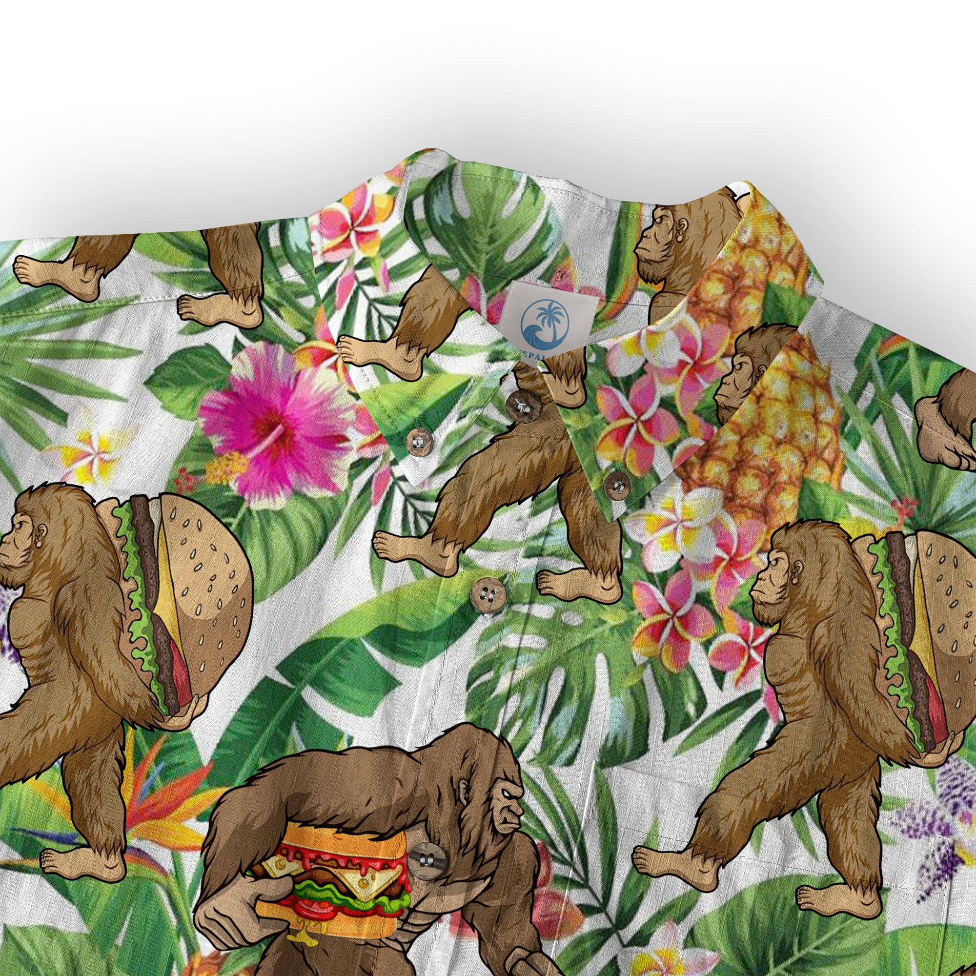 Bigfoot Burger Hawaiian Shirts for Men, Bigfoot Aloha Pattern Button Down Short Sleeve - The Palmix