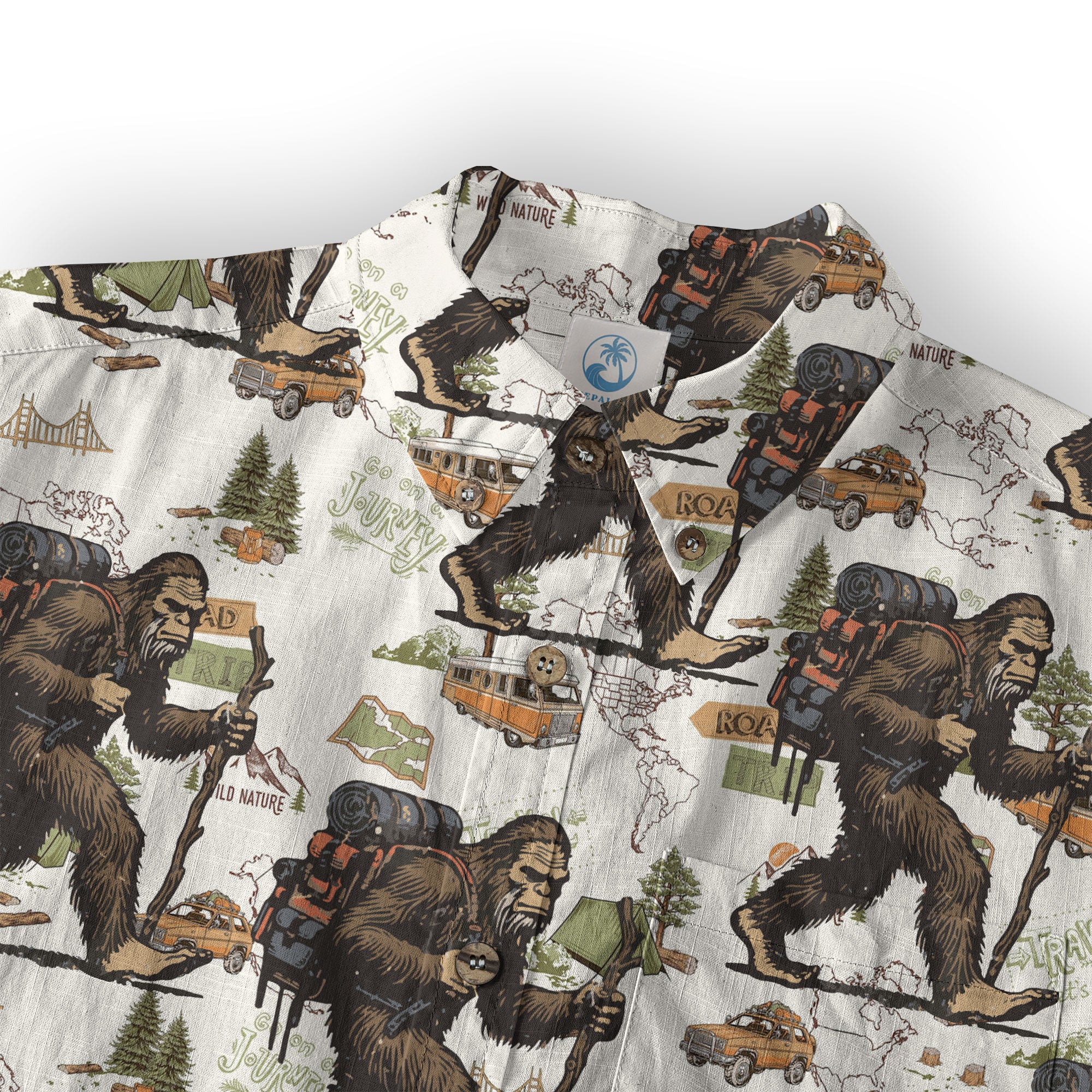 Bigfoot Hiking Hawaiian Shirts for Men, Bigfoot Hiking Pattern Button Down Short Sleeve - The Palmix