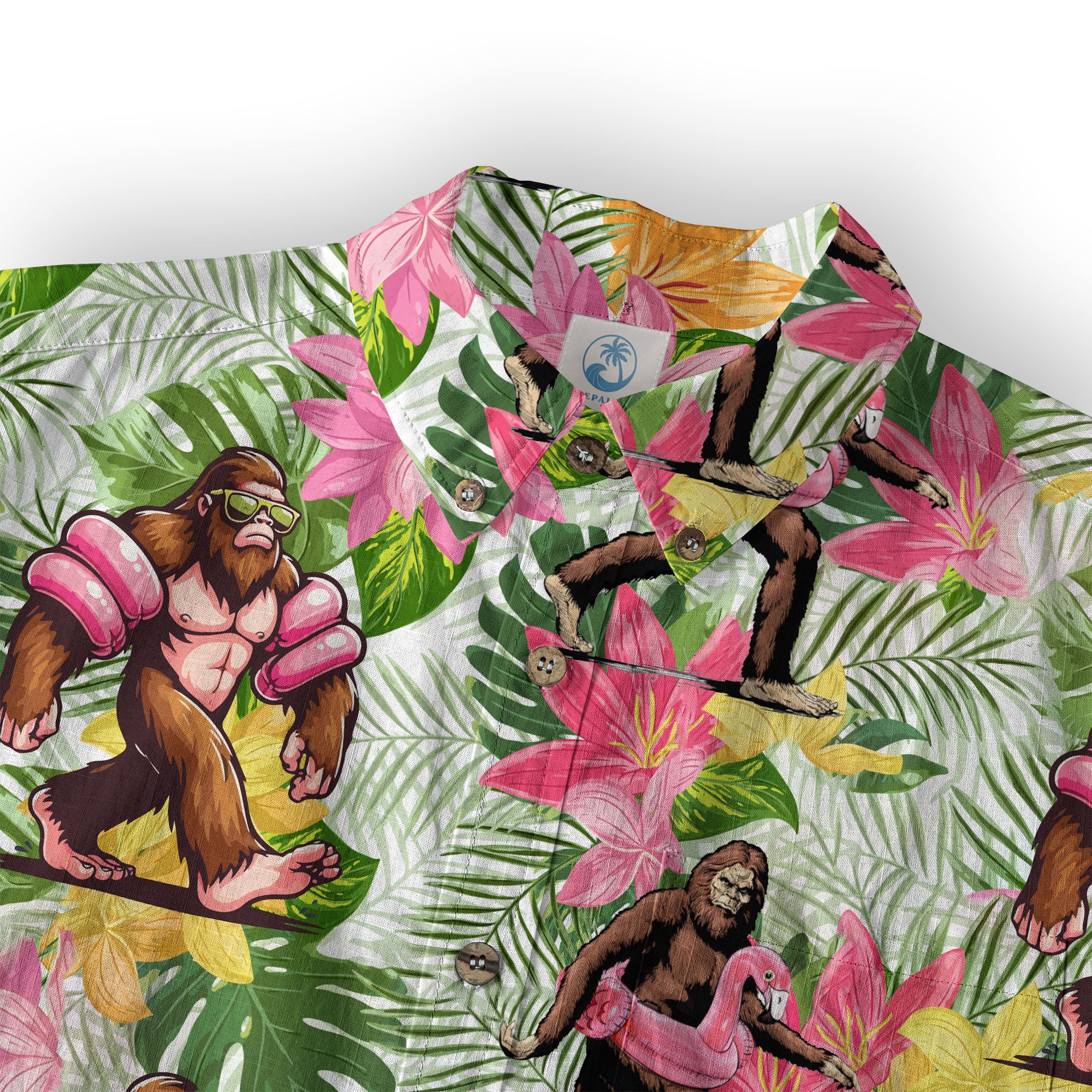 Tropical Bigfoot Hawaiian Shirt Men Women, Bigfoot Flamingo Hawaiian Shirt Summer Beach Aloha Short Sleeve Button Down - The Palmix