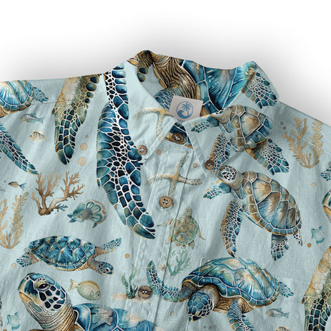 Blue Tribal Sea Turtle Hawaiian Shirt, Aloha Tropical Summer Beach Button Up Shirt - The Palmix