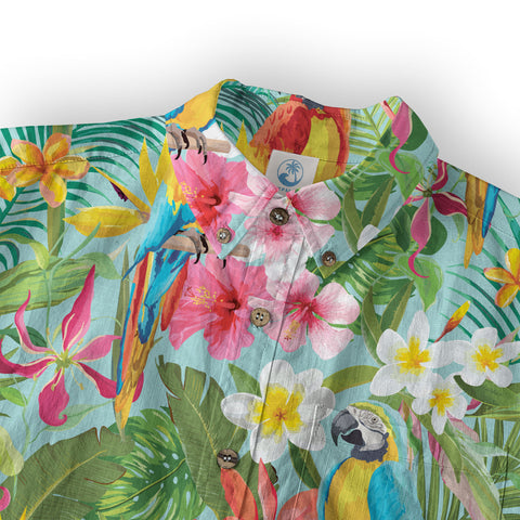 Tropical Parrot Summer Hawaiian Button Down Shirt, Parrot Flowers Pattern Hawaii Shirt - The Palmix
