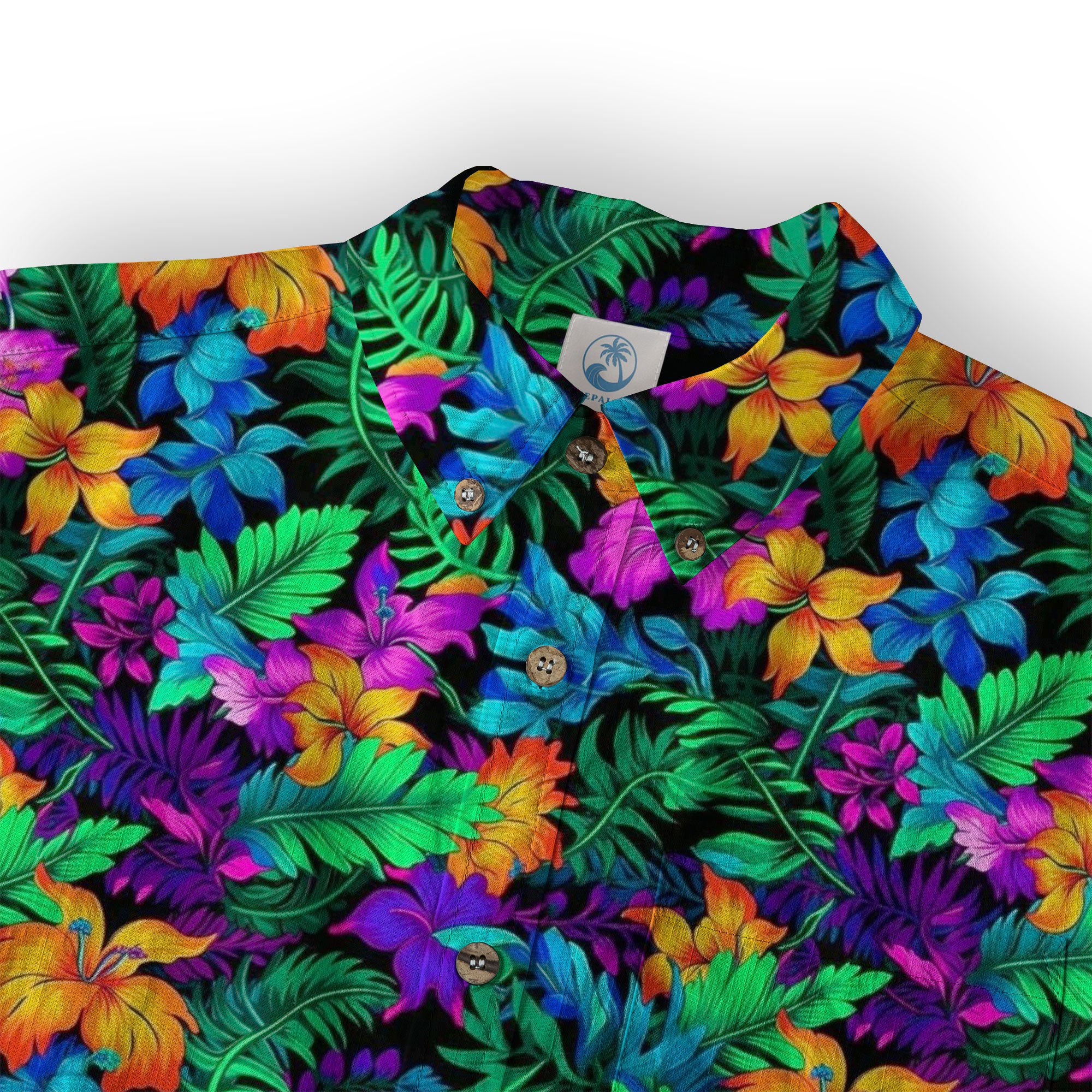 Tropical Sunset Surf & Palm Hawaiian Shirt – Vibrant Island Look – Electric Beach Pattern Aloha Hawaii Shirt - The Palmix