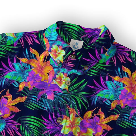 Tropical Sunset Surf & Palm Hawaiian Shirt – Vibrant Island Look – Electric Beach Pattern Aloha Hawaii Shirt - The Palmix