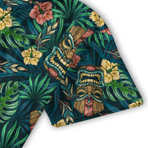 Tropical Tiki Mask Hawaiian Shirts, Flamingo Hawaii Button Down Shirt - The Palmix