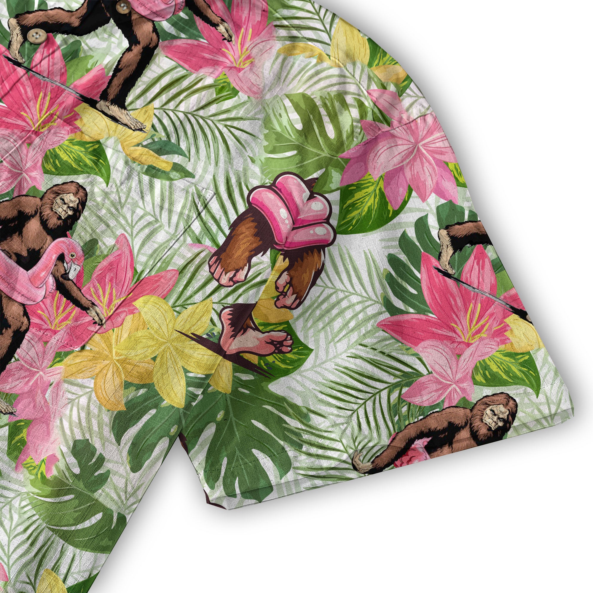 Tropical Bigfoot Hawaiian Shirt Men Women, Bigfoot Flamingo Hawaiian Shirt Summer Beach Aloha Short Sleeve Button Down - The Palmix