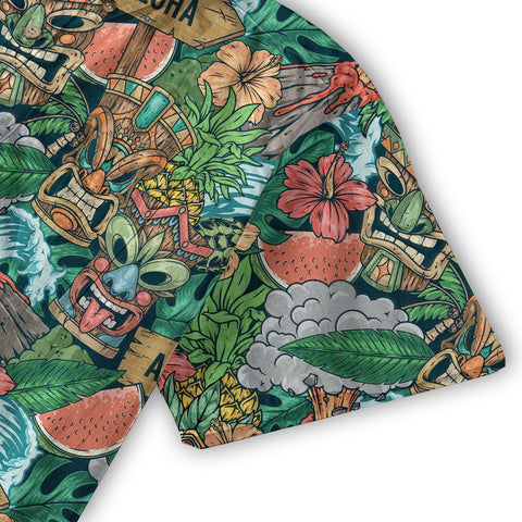 Tiki Mask Pattern Hawaiian Shirt, Aloha Floral Pattern Shirt - The Palmix