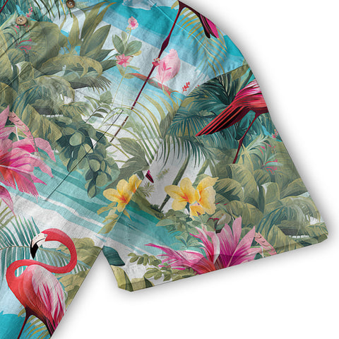 Colorful Flamingo Palm Leaf Hawaiian Shirt, Vintage Aloha Shirt, Island Vacation Wear - The Palmix