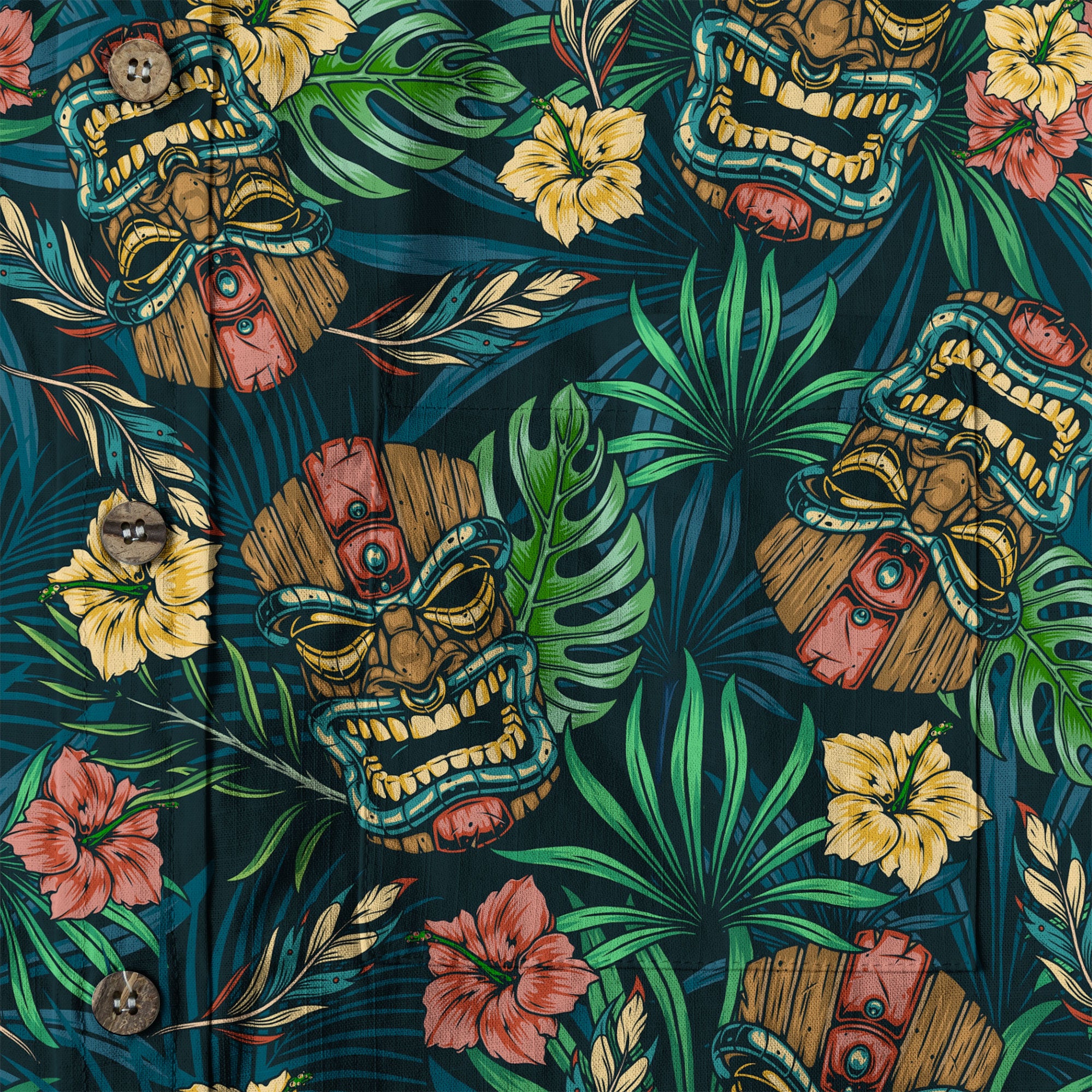 Tropical Tiki Mask Hawaiian Shirts, Flamingo Hawaii Button Down Shirt - The Palmix