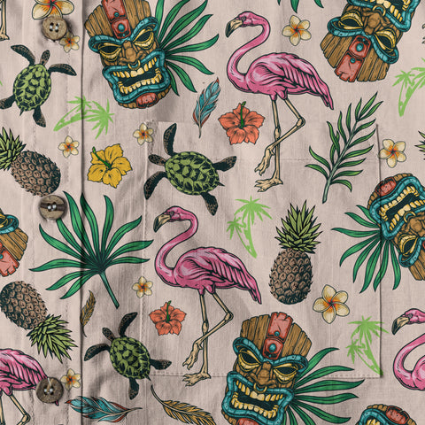 Tropical Tiki Mask Hawaiian Shirts, Flamingo Hawaii Button Down Shirt - The Palmix