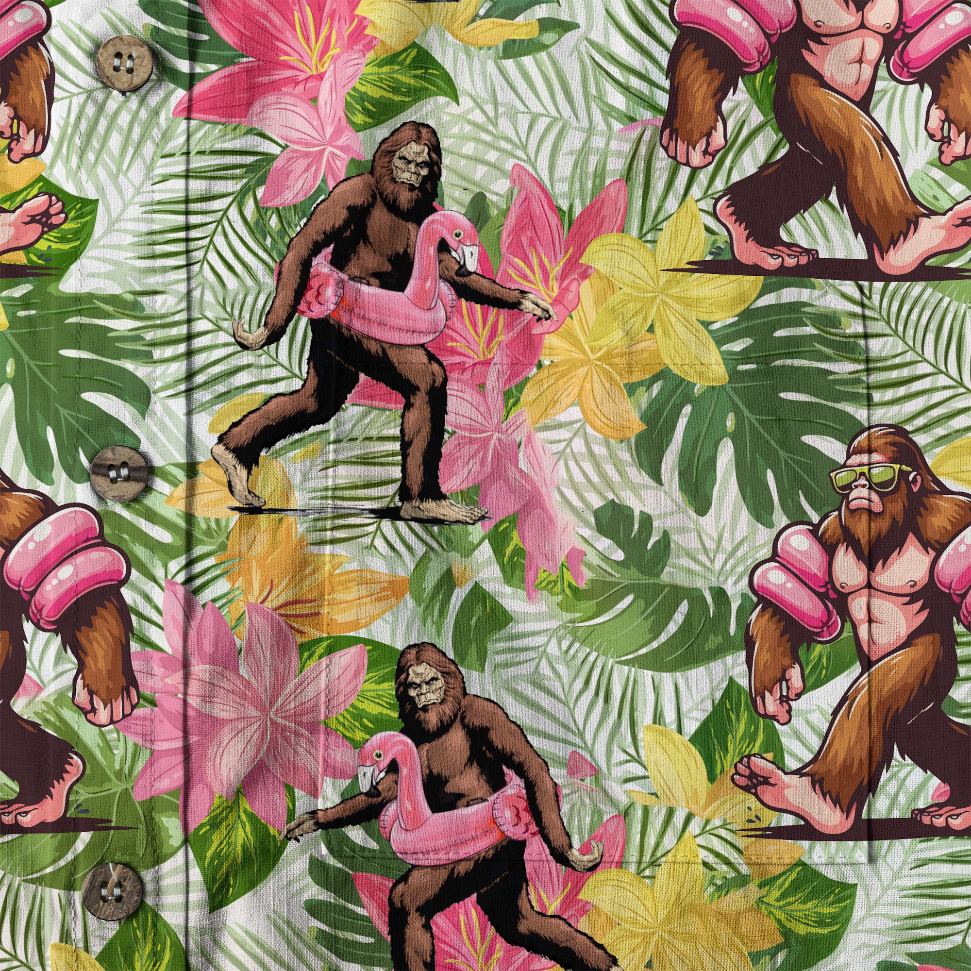 Tropical Bigfoot Hawaiian Shirt Men Women, Bigfoot Flamingo Hawaiian Shirt Summer Beach Aloha Short Sleeve Button Down - The Palmix