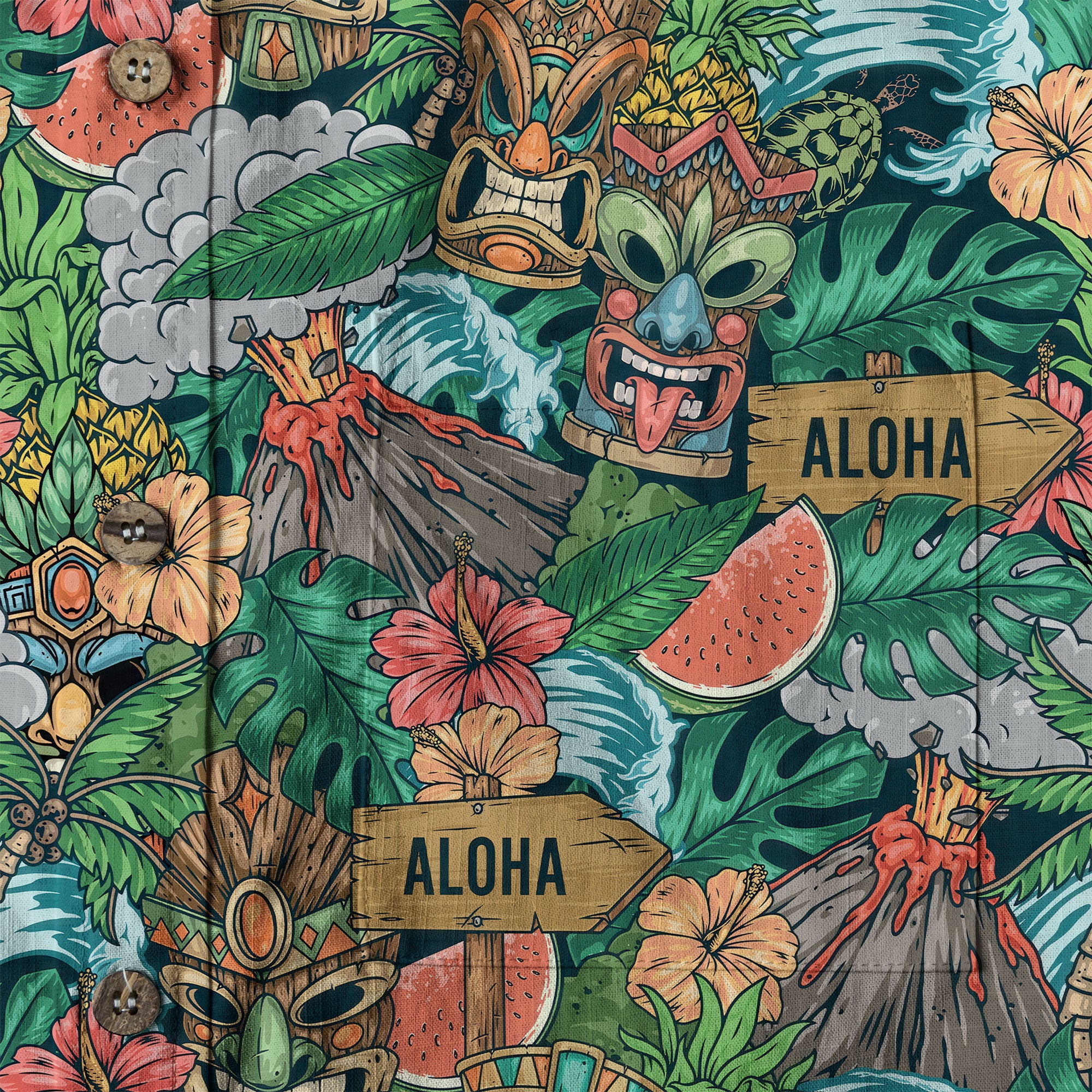 Tiki Mask Pattern Hawaiian Shirt, Aloha Floral Pattern Shirt - The Palmix