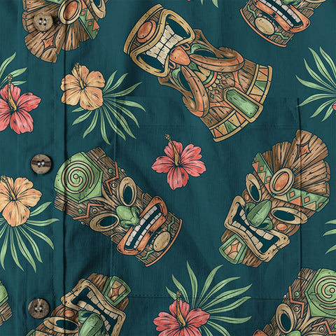 Tiki Mask Pattern Hawaiian Shirt, Hibiscus Hawaii Shirt - The Palmix