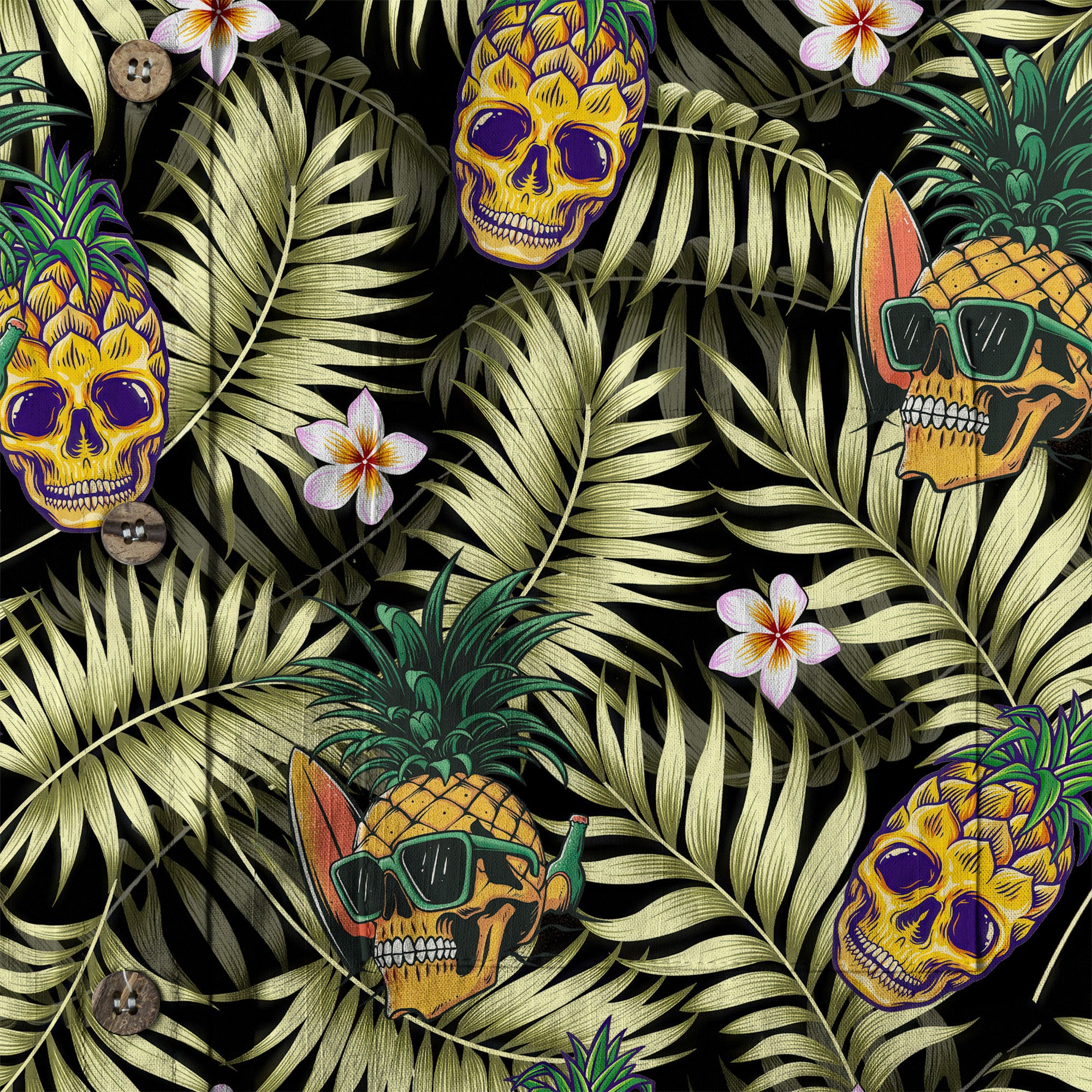 Allover Skull Hawaiian Shirt Floral Skull Rose Pinapple Hawaiian - The Palmix