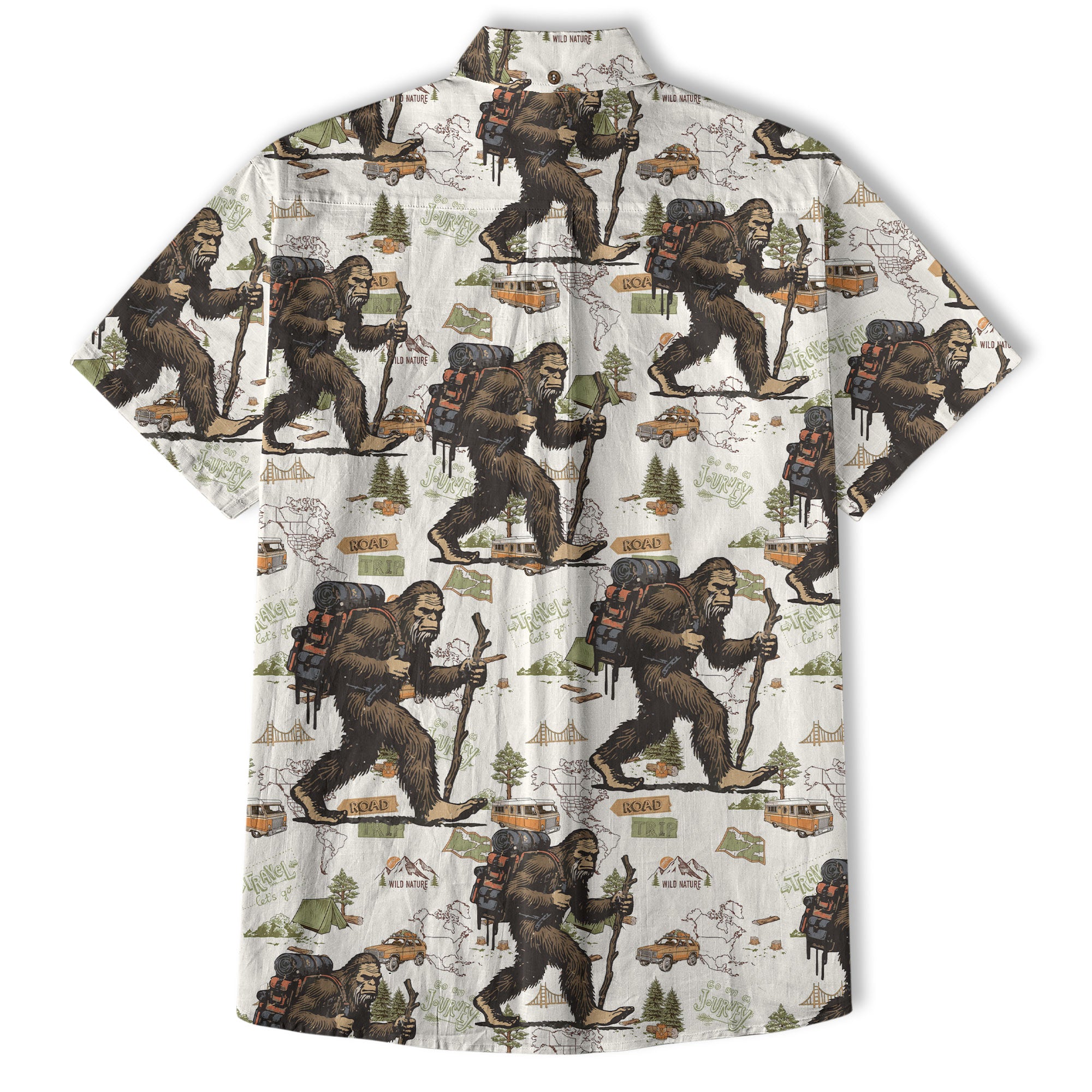 Bigfoot Hiking Hawaiian Shirts for Men, Bigfoot Hiking Pattern Button Down Short Sleeve - The Palmix