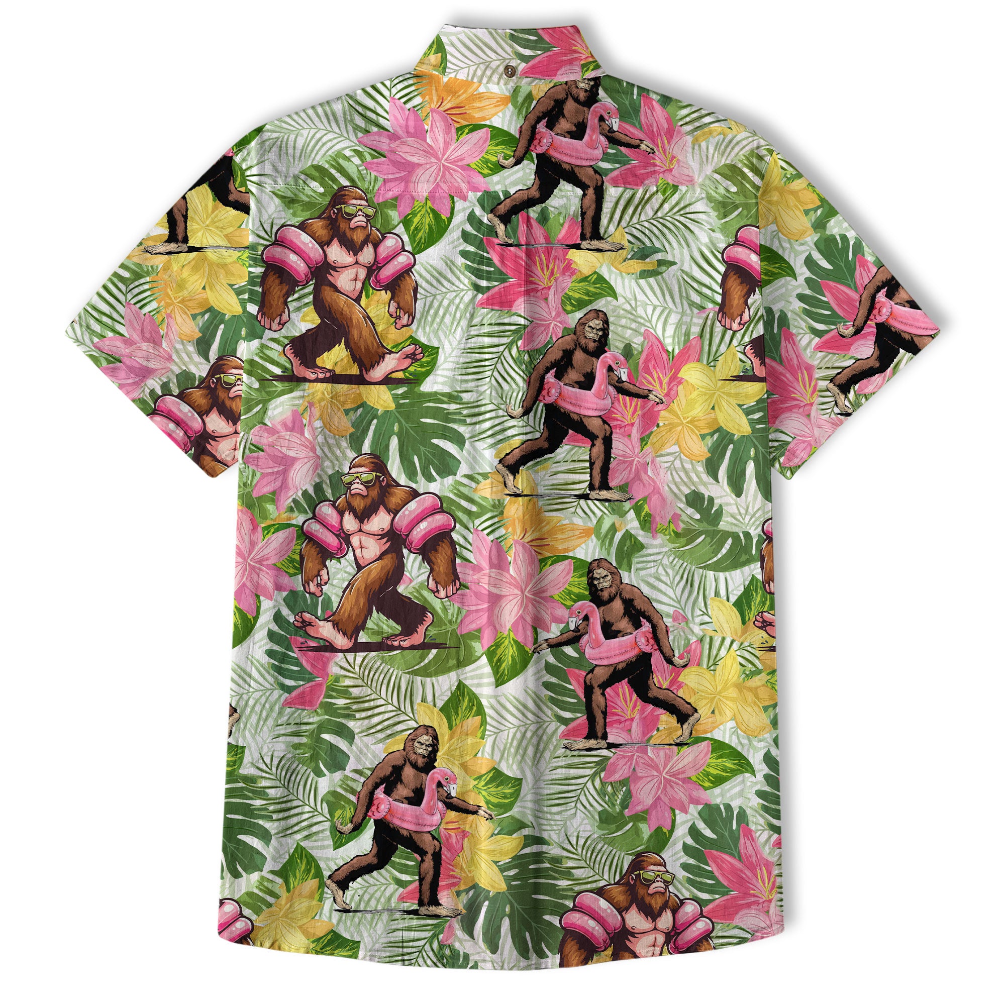 Tropical Bigfoot Hawaiian Shirt Men Women, Bigfoot Flamingo Hawaiian Shirt Summer Beach Aloha Short Sleeve Button Down - The Palmix