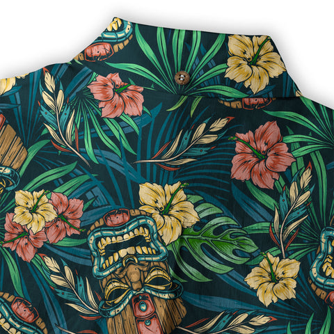 Tropical Tiki Mask Hawaiian Shirts, Flamingo Hawaii Button Down Shirt - The Palmix