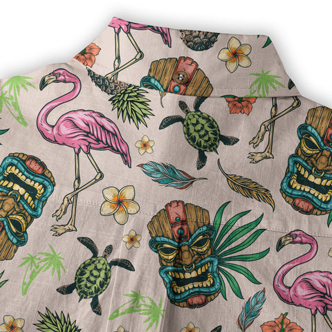 Tropical Tiki Mask Hawaiian Shirts, Flamingo Hawaii Button Down Shirt - The Palmix