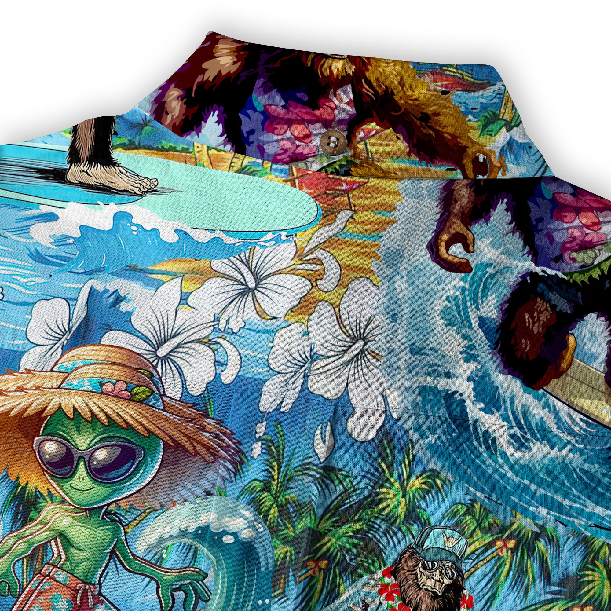 Tropical Bigfoot Alien Hawaiian Shirts for Men Women, Bigfoot Sasquatch Summer Beach Aloha Button Down Shirt - The Palmix