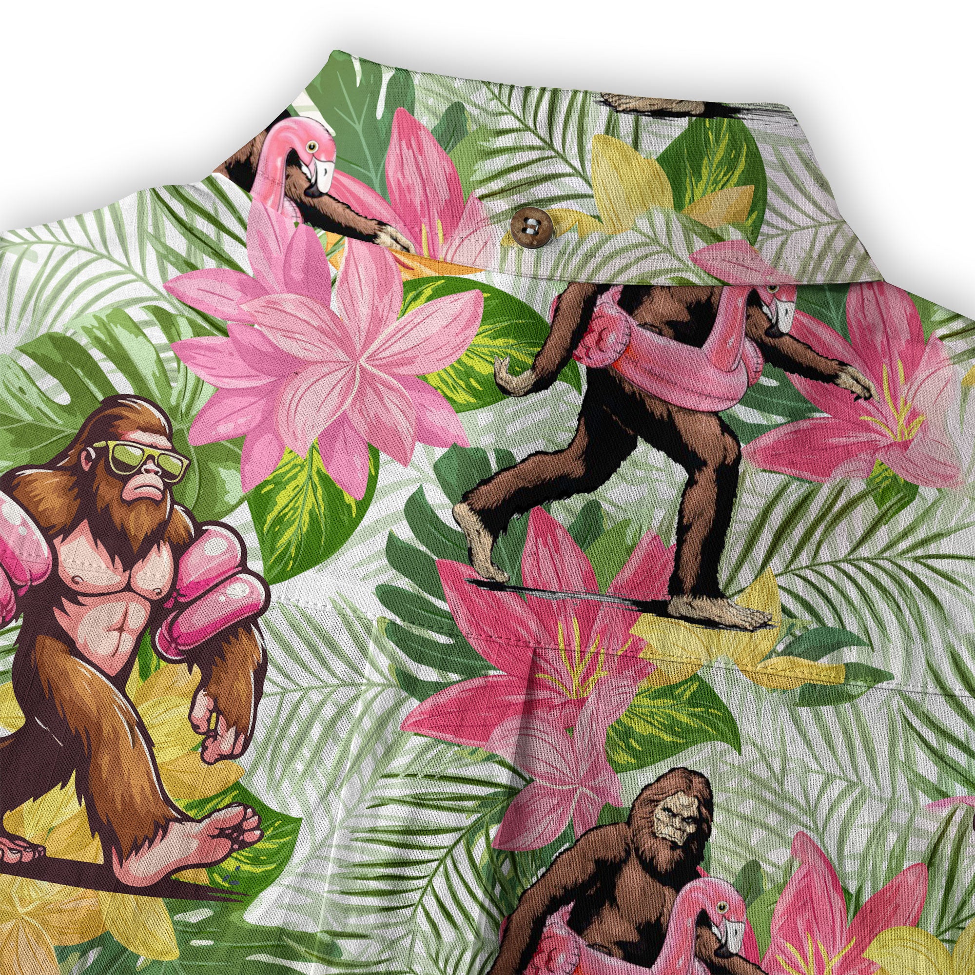Tropical Bigfoot Hawaiian Shirt Men Women, Bigfoot Flamingo Hawaiian Shirt Summer Beach Aloha Short Sleeve Button Down - The Palmix