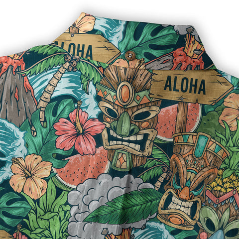 Tiki Mask Pattern Hawaiian Shirt, Aloha Floral Pattern Shirt - The Palmix