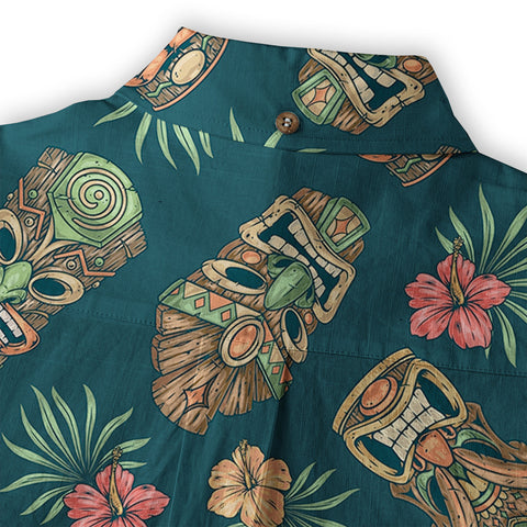 Tiki Mask Pattern Hawaiian Shirt, Hibiscus Hawaii Shirt - The Palmix