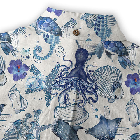 Vintage Ocean Print Hawaiian Shirts for Men Women, Sea Animal Aloha Summer Beach Shirt - The Palmix