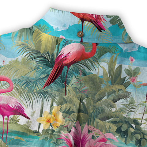 Colorful Flamingo Palm Leaf Hawaiian Shirt, Vintage Aloha Shirt, Island Vacation Wear - The Palmix