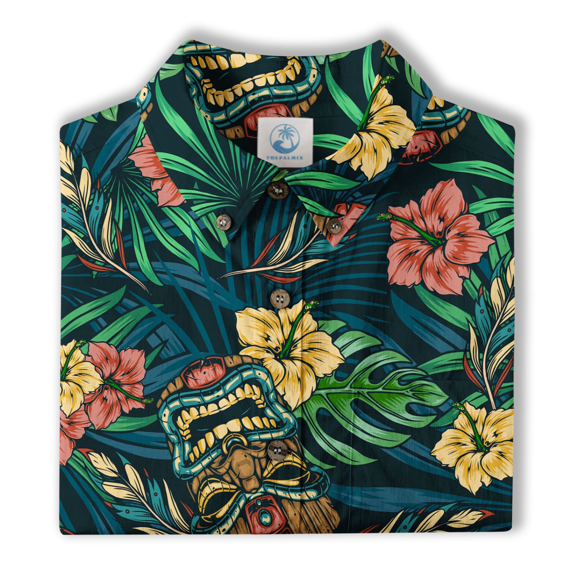 Tropical Tiki Mask Hawaiian Shirts, Flamingo Hawaii Button Down Shirt - The Palmix
