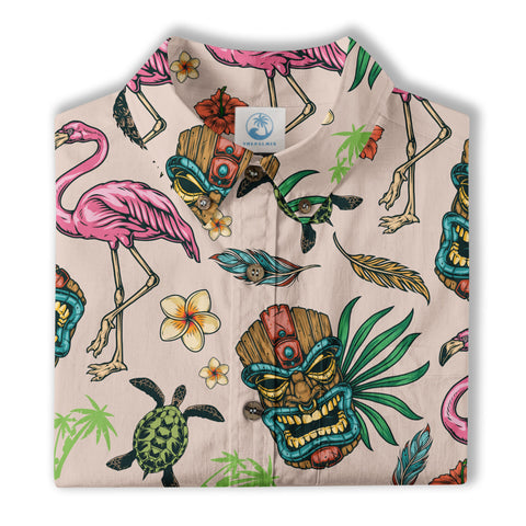 Tropical Tiki Mask Hawaiian Shirts, Flamingo Hawaii Button Down Shirt - The Palmix