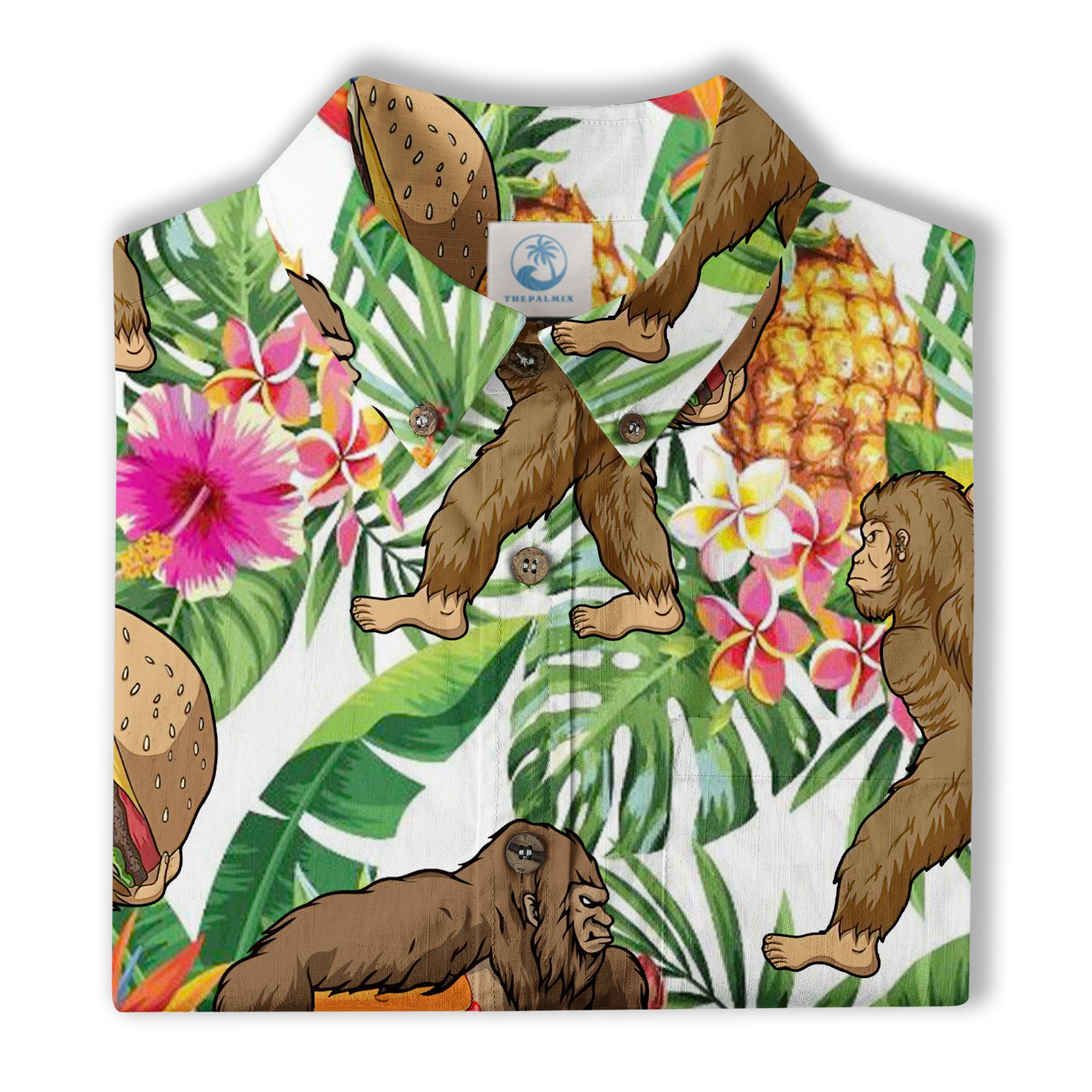 Bigfoot Burger Hawaiian Shirts for Men, Bigfoot Aloha Pattern Button Down Short Sleeve - The Palmix