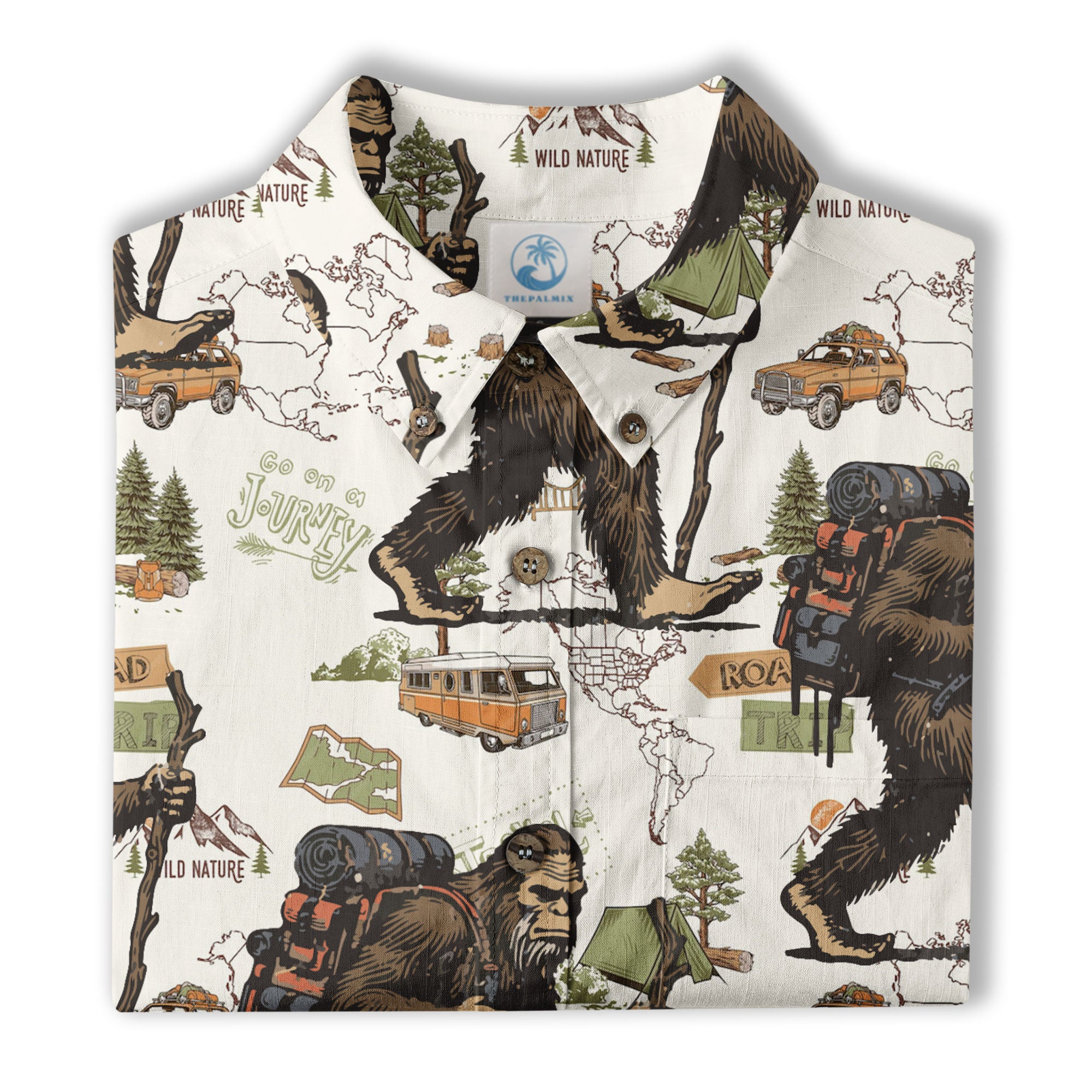 Bigfoot Hiking Hawaiian Shirts for Men, Bigfoot Hiking Pattern Button Down Short Sleeve - The Palmix