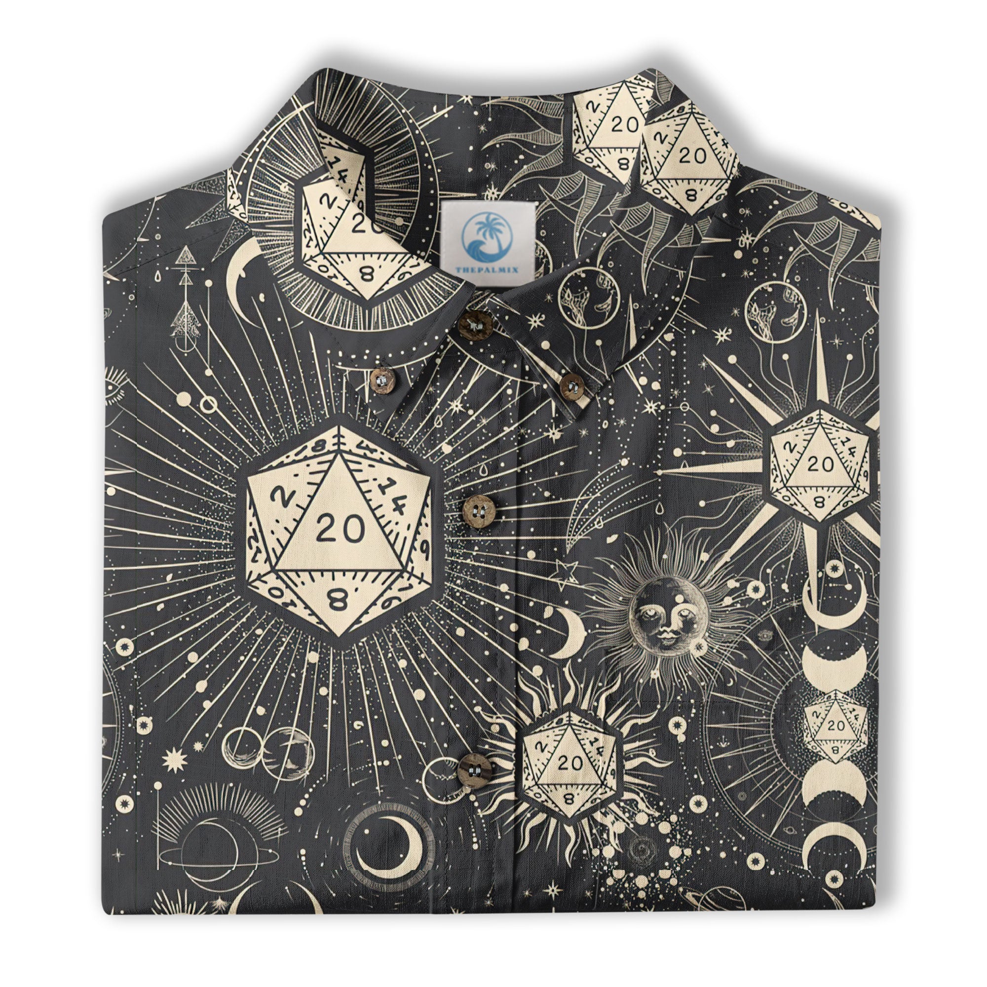 DND Celestrial Dice Pattern Aloha Hawaii Shirt, D20 Stars Constellation, Sun and Crescent Button Down Shirt - The Palmix