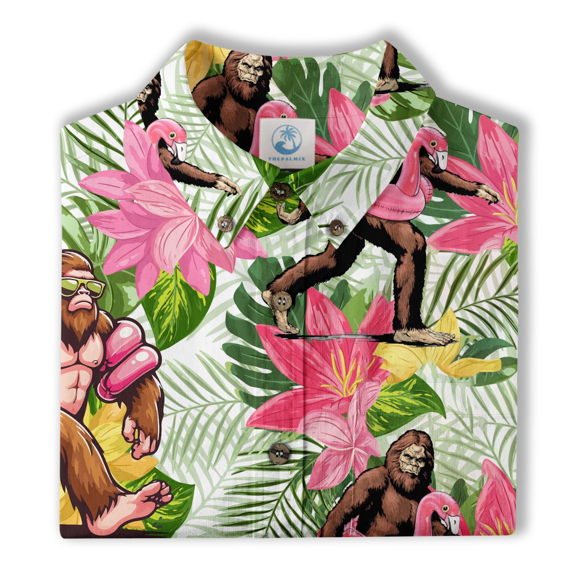 Tropical Bigfoot Hawaiian Shirt Men Women, Bigfoot Flamingo Hawaiian Shirt Summer Beach Aloha Short Sleeve Button Down - The Palmix