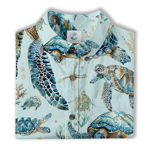Blue Tribal Sea Turtle Hawaiian Shirt, Aloha Tropical Summer Beach Button Up Shirt - The Palmix