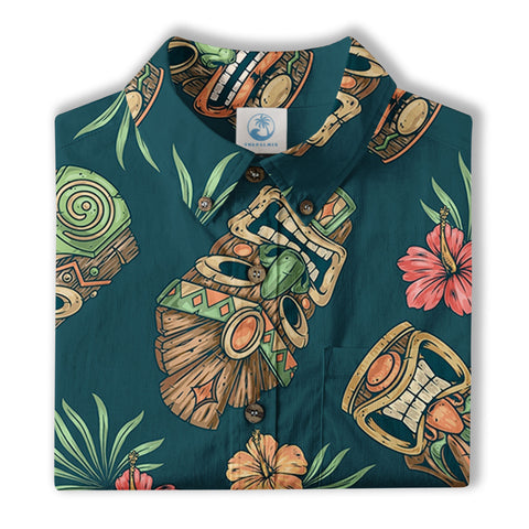 Tiki Mask Pattern Hawaiian Shirt, Hibiscus Hawaii Shirt - The Palmix