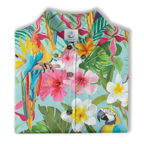 Tropical Parrot Summer Hawaiian Button Down Shirt, Parrot Flowers Pattern Hawaii Shirt - The Palmix