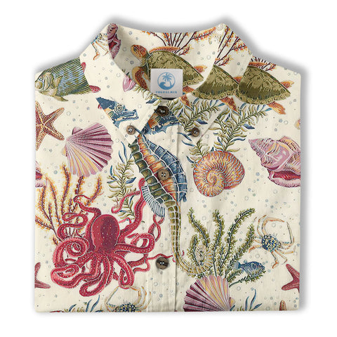 Vintage Ocean Print Hawaiian Shirts for Men Women, Sea Animal Aloha Summer Beach Shirt - The Palmix