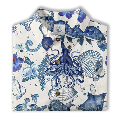 Vintage Ocean Print Hawaiian Shirts for Men Women, Sea Animal Aloha Summer Beach Shirt - The Palmix