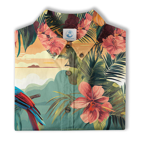 Flamingo Classic Aloha Hibiscus Hawaiian Shirt, Luau Party Outfit, Vacation Beachwear - The Palmix