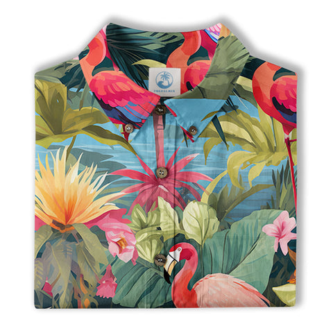 Flamingo Classic Aloha Hibiscus Hawaiian Shirt, Luau Party Outfit, Vacation Beachwear - The Palmix