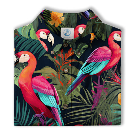 Flamingo Classic Aloha Hibiscus Hawaiian Shirt, Luau Party Outfit, Vacation Beachwear - The Palmix
