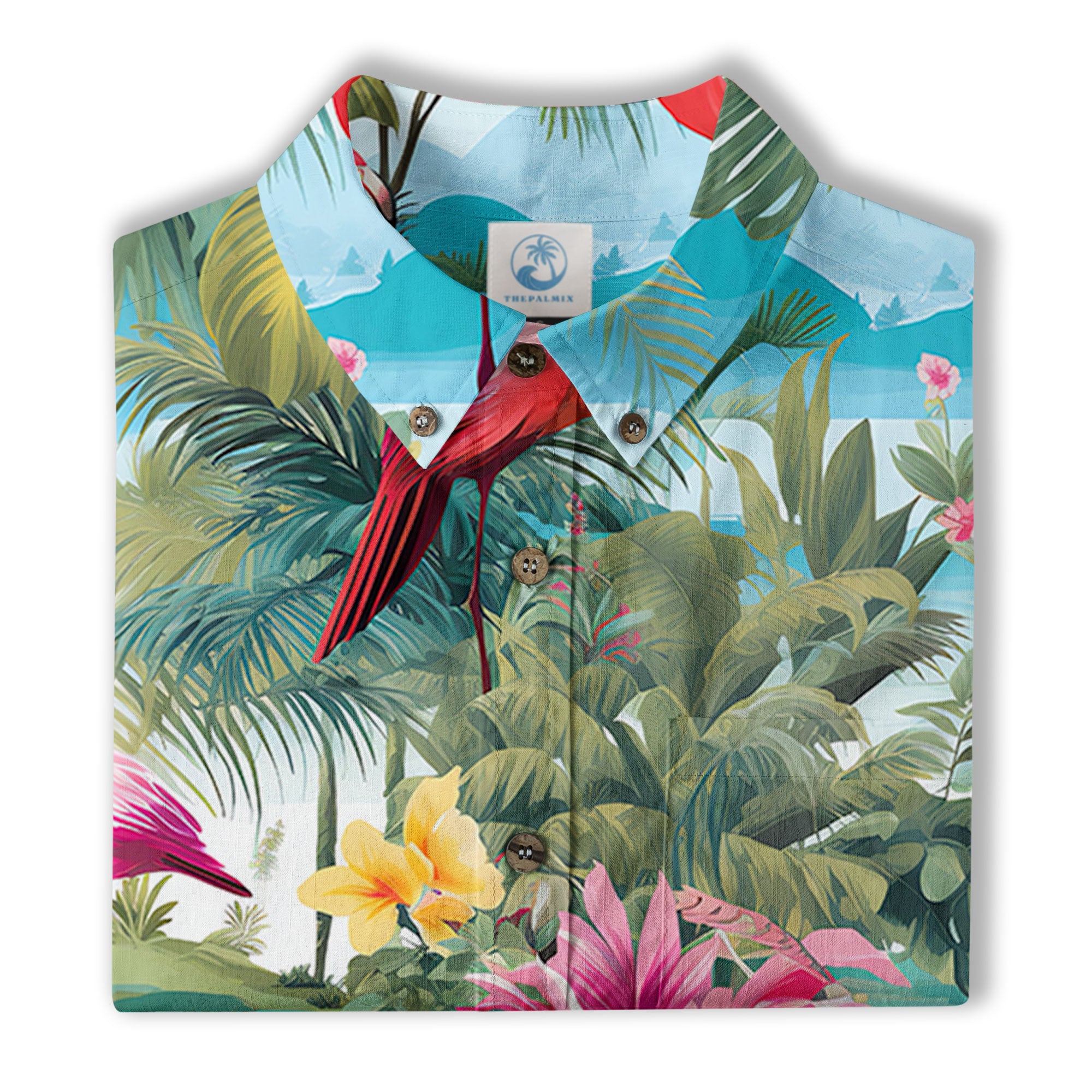 Colorful Flamingo Palm Leaf Hawaiian Shirt, Vintage Aloha Shirt, Island Vacation Wear - The Palmix