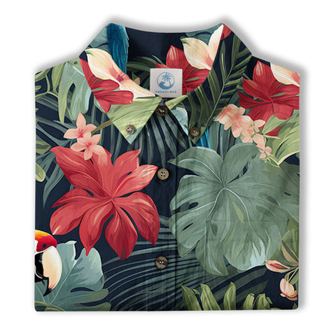 Colorful Flamingo Palm Leaf Hawaiian Shirt, Vintage Aloha Shirt, Island Vacation Wear - The Palmix