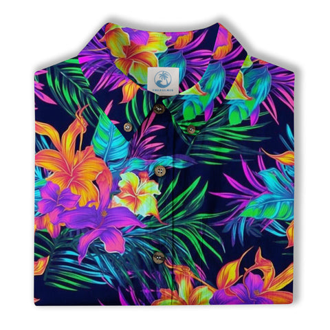 Tropical Sunset Surf & Palm Hawaiian Shirt – Vibrant Island Look – Electric Beach Pattern Aloha Hawaii Shirt - The Palmix